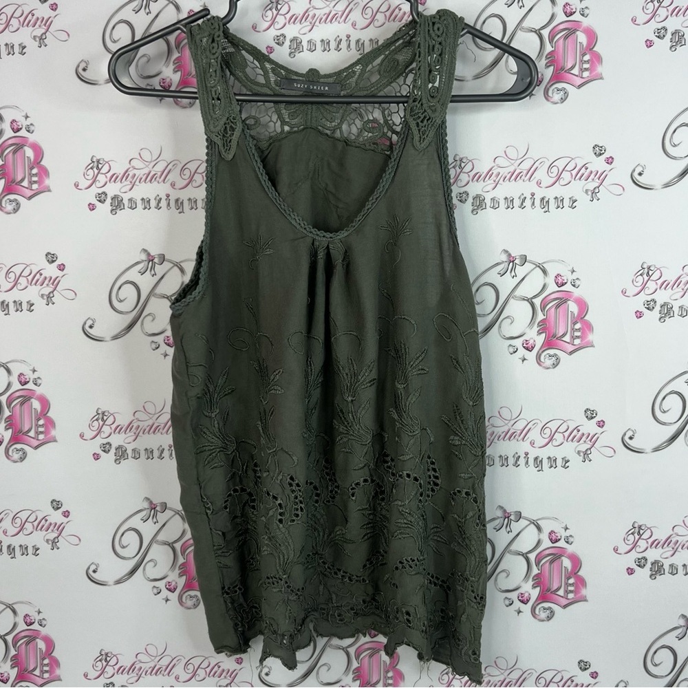Suzy Shier tank top embroidered floral crochet knit detail Olive Lace Tank Top